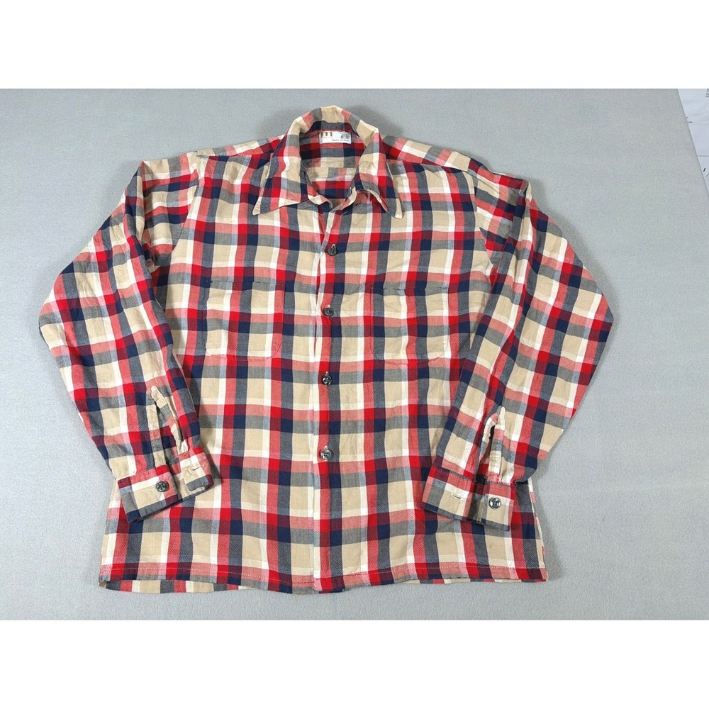 Vintage 70s May Co Shops For Men Plaid Flannel Shirt Red Blue Tan Medium 15-15.5